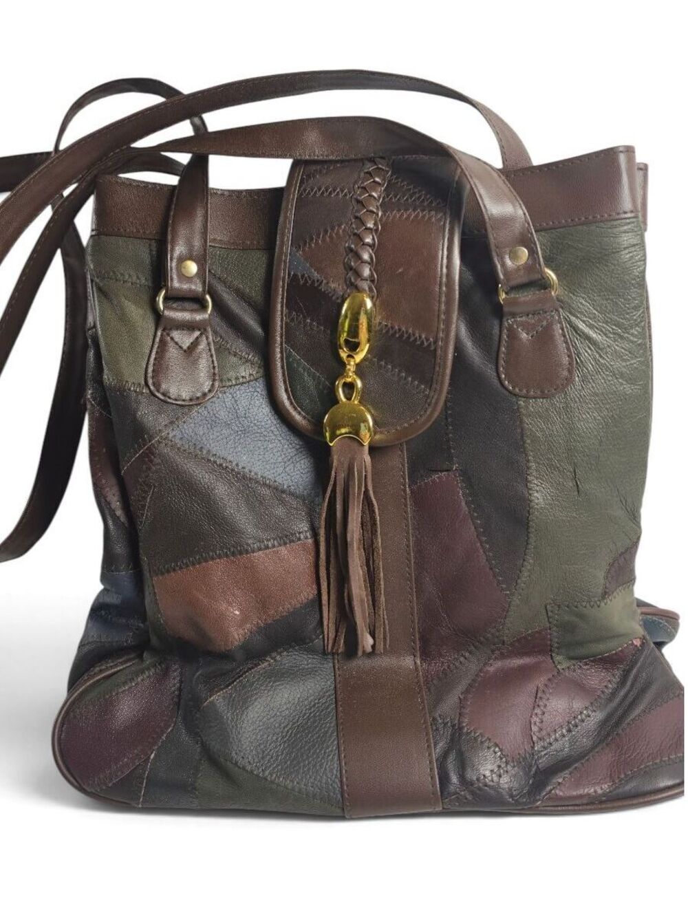 Patchwork Genuine Leather Tote Bag Earthy Brown Green Boho Tassel Shoulder Purse